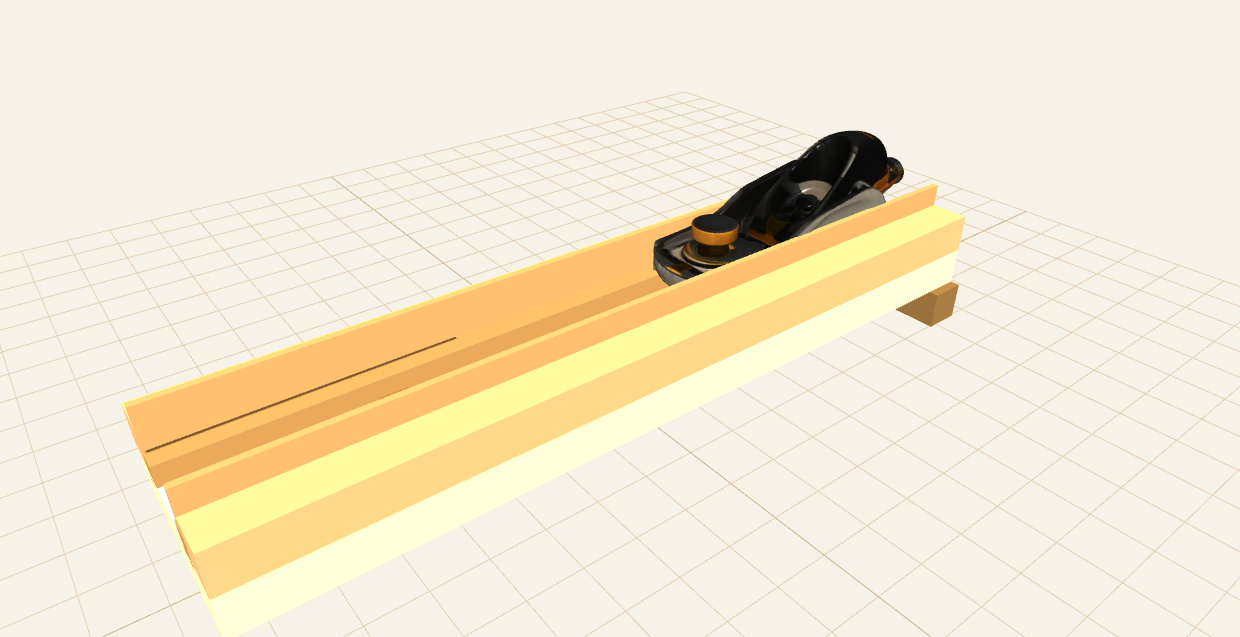 Isometric view of the brace-planing jig with the block plane riding on the rails